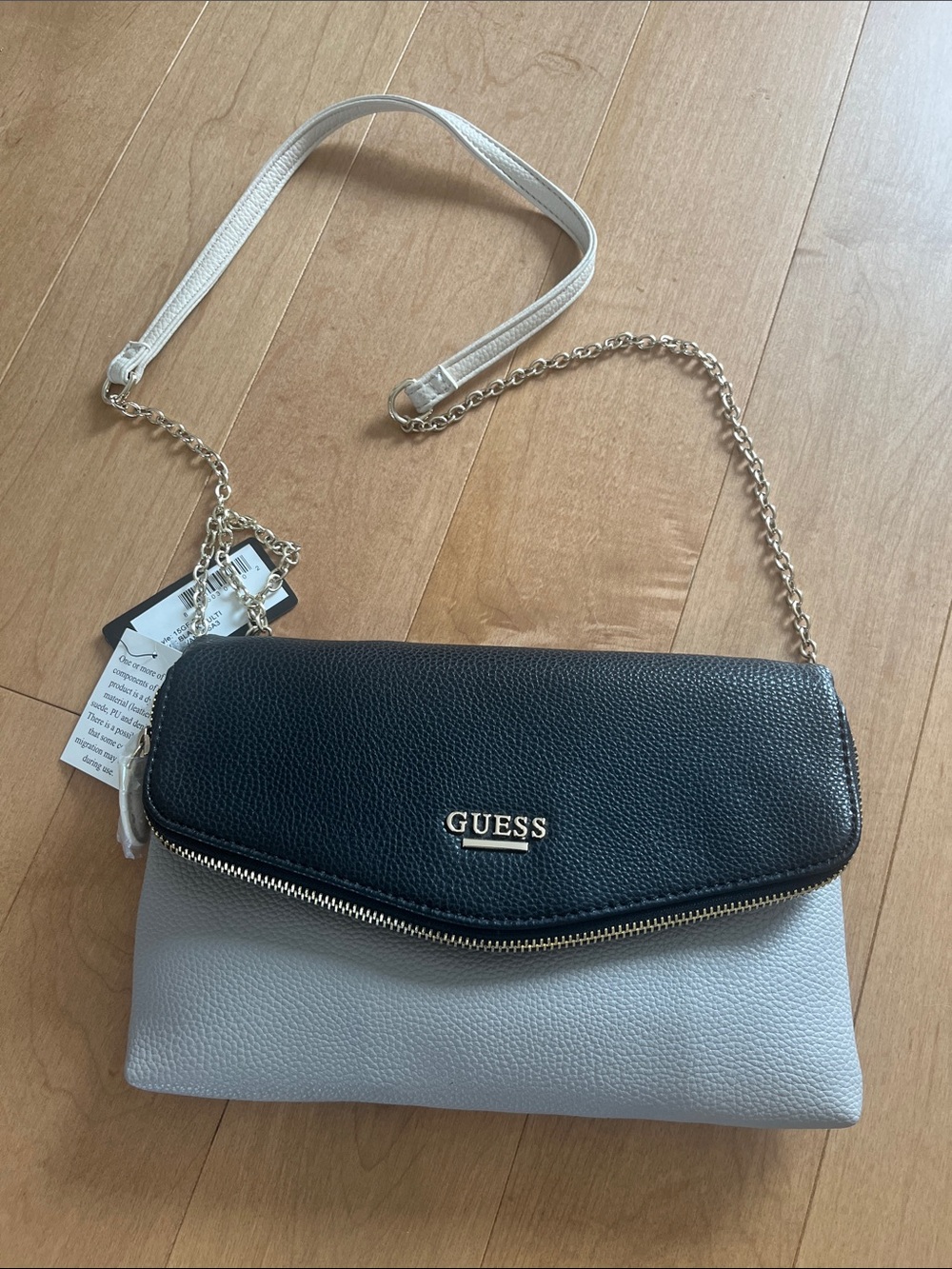 GUESS Black and Light Gray Pebble Leather Crossbody with Chain Strap